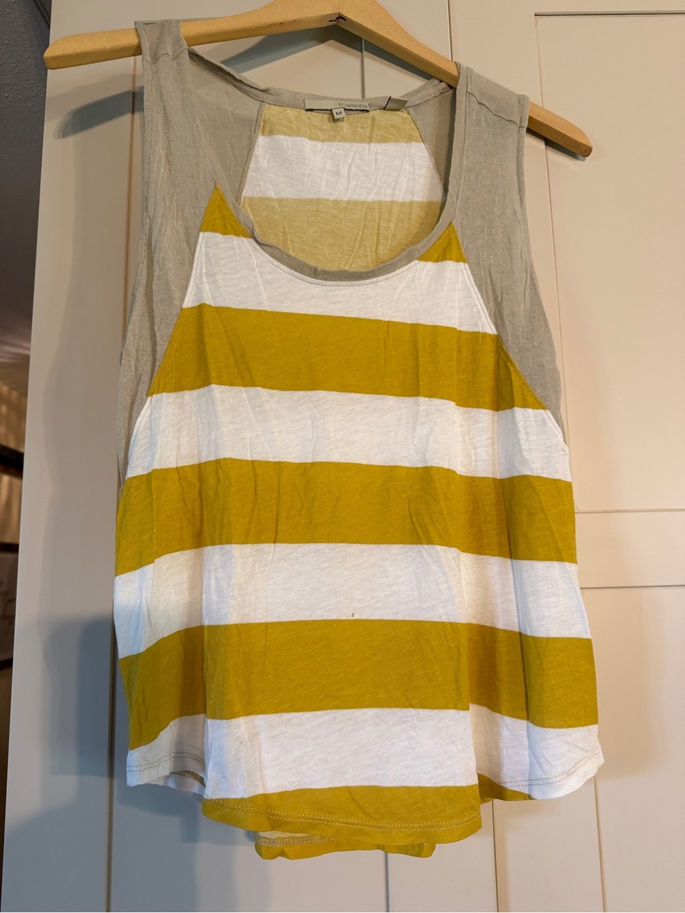Townsen gold and white striped tank, light tan around arms, size M